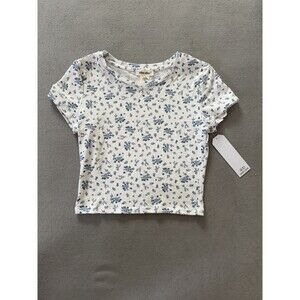 NWT Shosho Cream white Floral Baby Tee, cropped women size L, Strechable